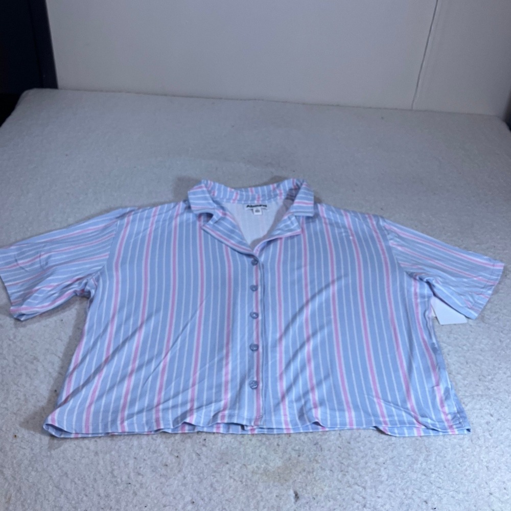 Abound Womens Pajama Top Size M Blue Pink Striped Short Sleeve Button Front